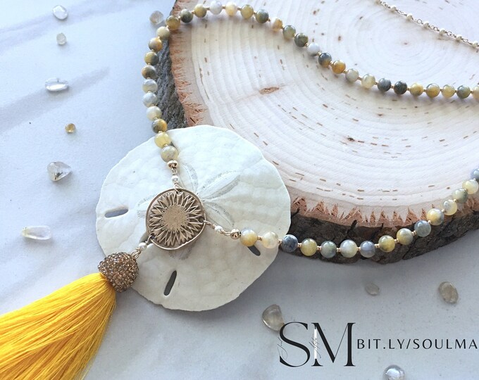 Sunflower necklace with a sunflower pendant & metal sunflower. Jade necklace that's perfect for a sunflower wedding or flower jewelry gift.