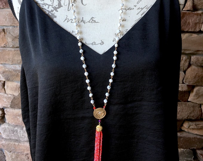 Habanera / Lotus Necklace / Bronze / Long / Crystal Tassel / Howlite / Gold Jewelry / Red / Black / White / CZ / Gift for Her / Wire Wrapped