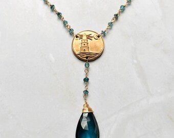 Lighthouse London Blue Topaz Necklace: Nautical Bronze Medallion