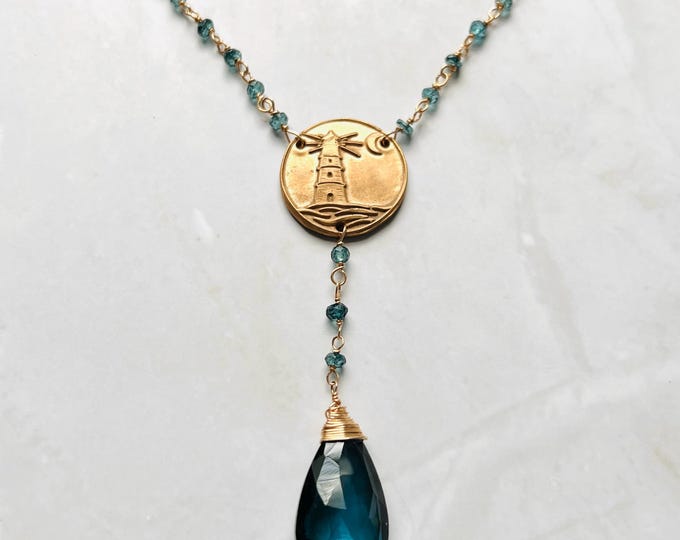 Lighthouse blue topaz necklace. London blue topaz necklace that is a birth stone necklace. Wax seal necklace perfect nautical jewelry gift.
