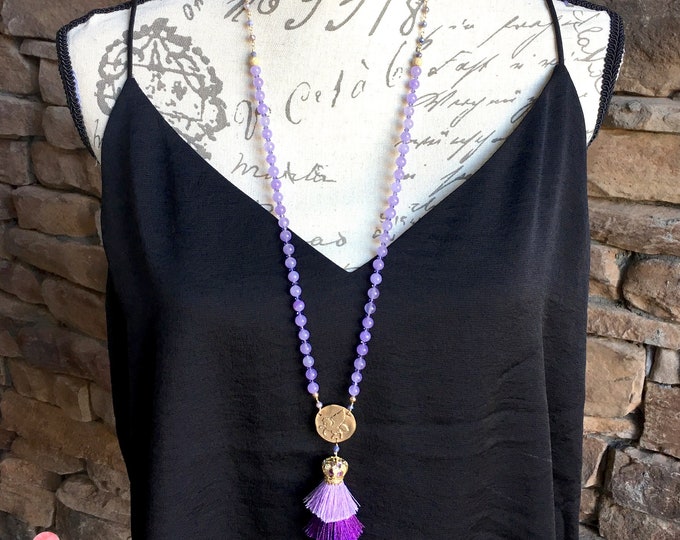 Hercules Tassel Necklace / Roman Myth / Bronze Necklace / Pegasus / Purple Jewelry / Swarovski / Agate / Triple Tassel / Gold / Wire Wrapped
