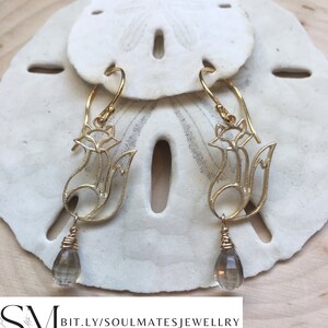 Cute Fox Smokey Quartz cottagecore earrings. Fox jewelry with a fox silhouette and fox tail. Perfect gift for fox lovers or fox gifts.