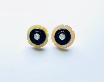 Vintage Button Stud Earrings: Black Rhinestone, Mother of Pearl