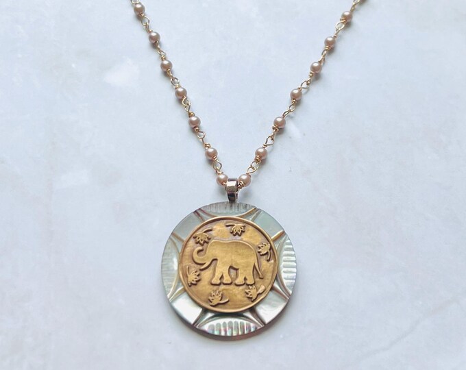 Elephant necklace w/ cute handmade elephant. Gorgeous vintage button necklace. Gold lotus necklace that's the perfect elephant jewelry gift.