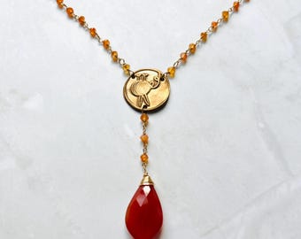 Carnelian Knitting Necklace: Bronze Knitting Needles Charm