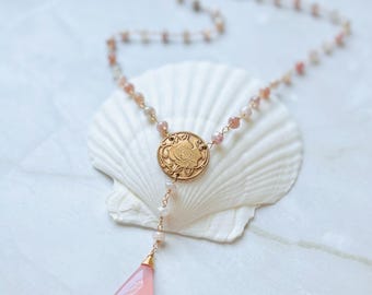 Rose Pink Chalcedony Necklace: Peach Moonstone, Bronze Medallion