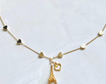 Gold Eiffel Tower Necklace: 18K Gold Filled Heart Chain, French Jewelry