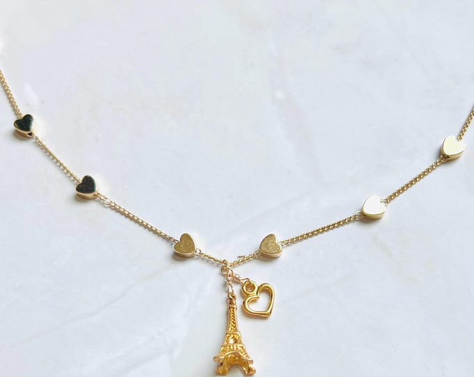 Gold Eiffel Tower Necklace | Delicate Paris Jewelry | 18K Gold Filled Heart Chain French Travel Collection Hypoallergenic Layering Necklace