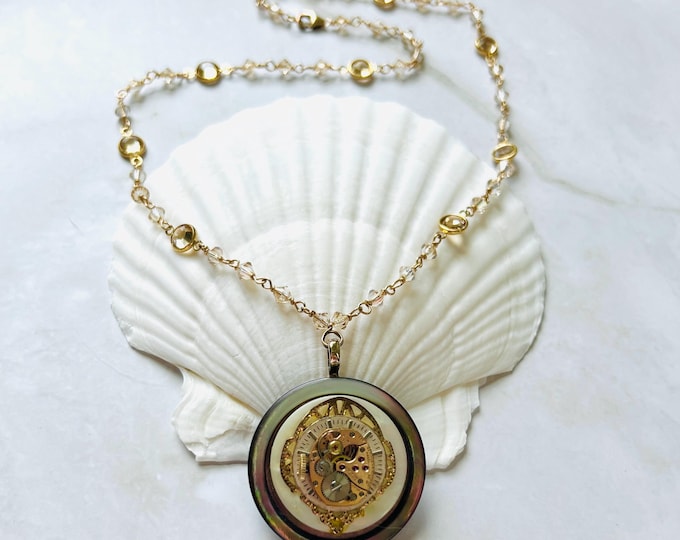 Vintage gold watch necklace | This small watch face necklace is the perfect button necklace, abalone necklace, or personalized watch gift
