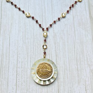 Garnet pendant button necklace. Wax seal necklace. Garnet necklace for lovers of repurposed a vintage abalone necklace and coffee charms.