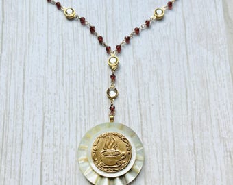 Garnet Button Pendant Necklace: Repurposed Vintage Abalone, Bronze Medallion