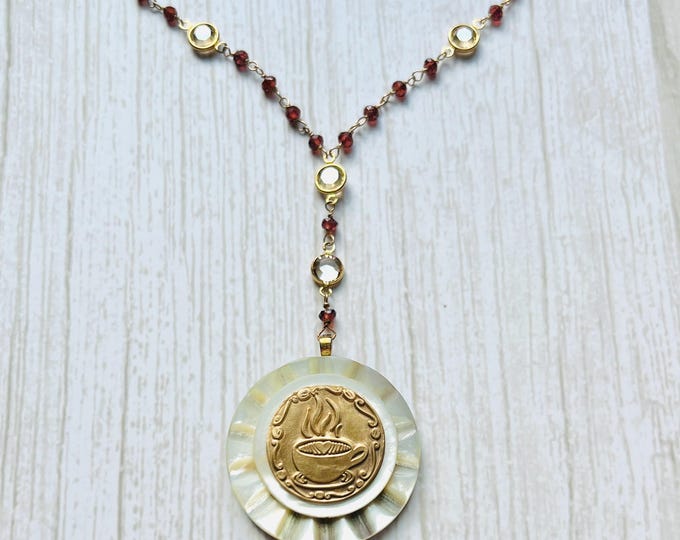 Garnet pendant button necklace. Wax seal necklace. Garnet necklace for lovers of repurposed a vintage abalone necklace and coffee charms.