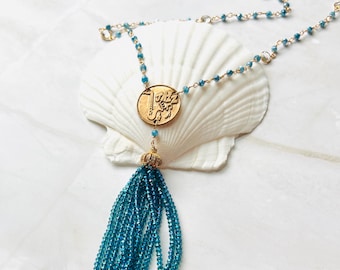 Blue Quartz Tassel Necklace: Bronze Medallion, Handmade Jewelry