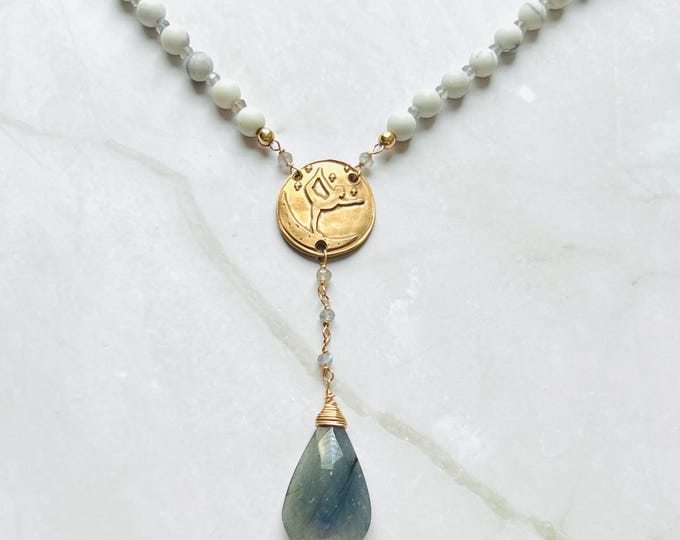 Howlite necklace.  Yoga jewelry Labradorite necklace with goddess pendant. Beautiful indie necklace that is the perfect yoga lover gift.