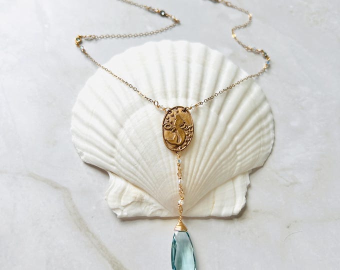 Ocean Romance Necklace | Sea Siren Jewelry | Aquamarine Mermaid Gift | Swarovski Crystal | Bronze Goddess Medallion Gold Filled