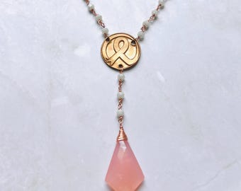 Handmade Awareness Ribbon Necklace: Pink Chalcedony, Milky Quartz