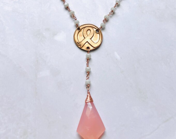 Awareness necklace. Breast Cancer Necklace. Awareness Jewelry. Wax seal necklace. Chalcedony necklace. Pretty milky quartz gemstone.