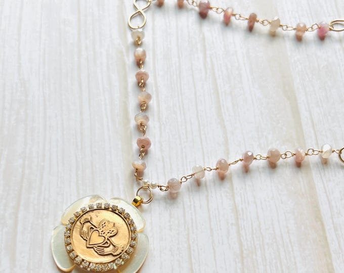 Elegant Claddagh Necklace with Peach Moonstone and Vintage Charms. Irish necklace & Irish jewelry for Irish gift and Irish gifts for women.