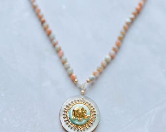 Repurposed Elephant Necklace: Vintage Button, Jade Beads, Mother of Pearl