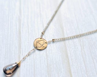 Emma Book Necklace: Smoky Quartz Arrow, Bronze Medallion