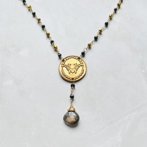 Bumble Bee Necklace. Spinel, Pyrite, and sunstone necklace. Black & Gold Necklace  Wire Wrapped. Bee and Nature Gifts for Her,