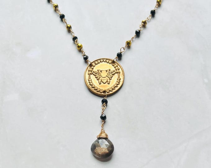 Bumble Bee Necklace. Spinel, Pyrite, and sunstone necklace. Black & Gold Necklace  Wire Wrapped. Bee and Nature Gifts for Her,