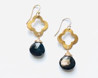 Black Moonstone Clover Earrings: Gold Floral Dangle Earrings