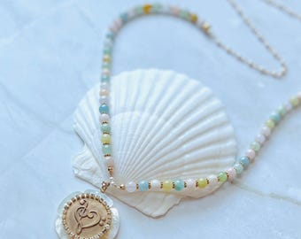 Long Pearl & Morganite Necklace: Bronze Medallion, Music Lover Gift