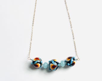 Retro Glass Bead Necklace: Gold Vermeil Chain, Blue Jade