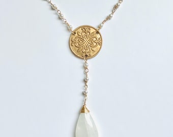 Four Leaf Clover Necklace: Moonstone Pearl Irish Jewelry