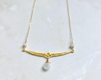 Gold Firebird Wing Necklace: Rainbow Moonstone Pendant, Bird Lover Gift