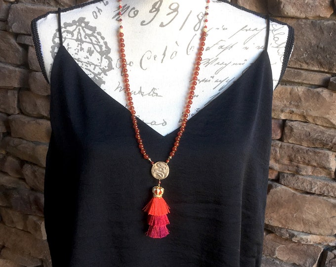 Hua Mulan Tassel Necklace / Warrior Legend / Dragon Necklace / Bronze Jewelry / Long / Agate / Red / Triple Tassel / 14K Gold Jewelry