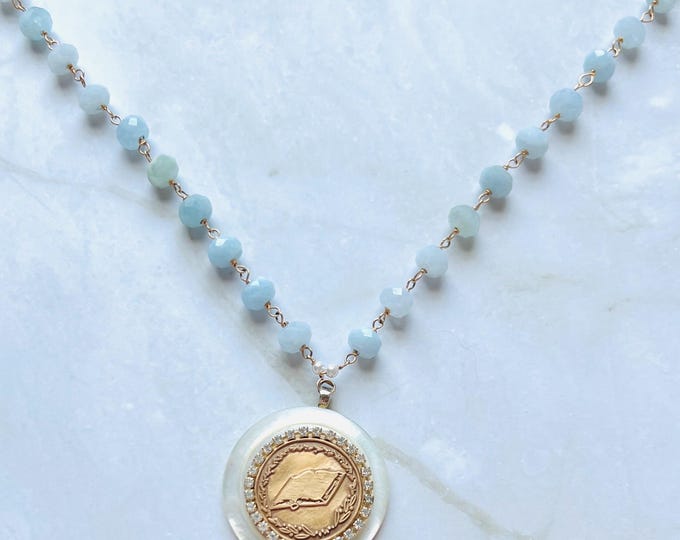 Book Necklace Aquamarine Necklace. Literature jewelry for literary gifts, gifts for writers, Jane Austen gifts. March birthday present too!