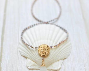 Lavender Plant Necklace: Milky Quartz, Bronze Medallion, Gold Filled Wire