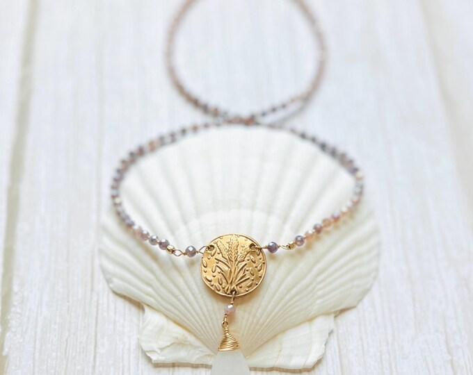 Lavender plant lilac necklace with milky quartz. Flower jewelry that is the perfect for a lavender wedding or birth flower jewelry gift.