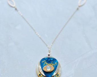 Vintage Guitar Pick Necklace: Boho Mother of Pearl Button Jewelry