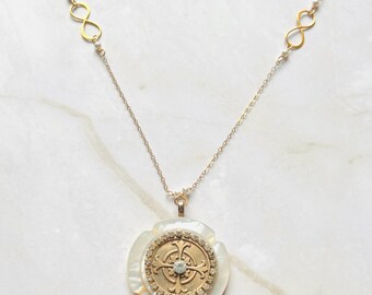 Mother of Pearl Button Necklace: Gold Infinity Charm, White Topaz Cross