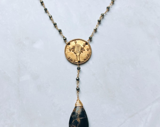 Retro microphone music necklace. Obsidian necklace with gorgeous Obsidian pendant & Pyrite beads.  Perfect singer gifts or gift for singer.