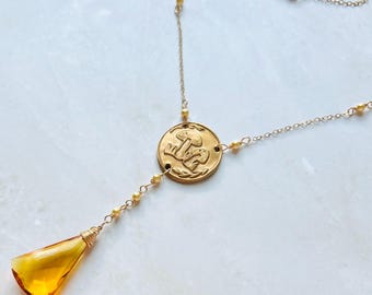 Mushroom Necklace: Citrine, Gold Pearl, Bronze Medallion