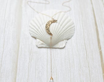 Moonstone Crescent Necklace: Bronze Moon Charm, Gold Filled Chain