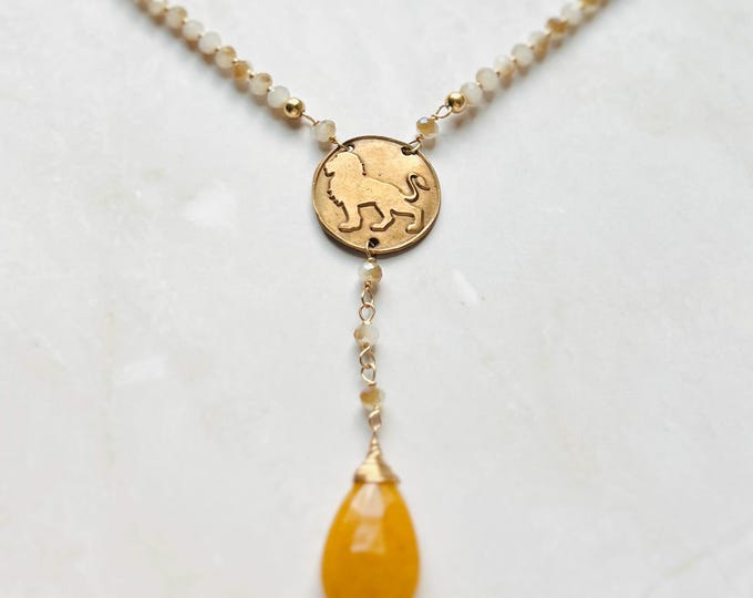 Lion Hearted necklace aventurine necklace with lion pendant. Lion jewelry that's the perfect classic literature and literature jewelry gift.