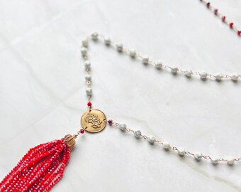 Lotus Bronze Necklace: Howlite Beads, Red Crystal Tassel, CZ