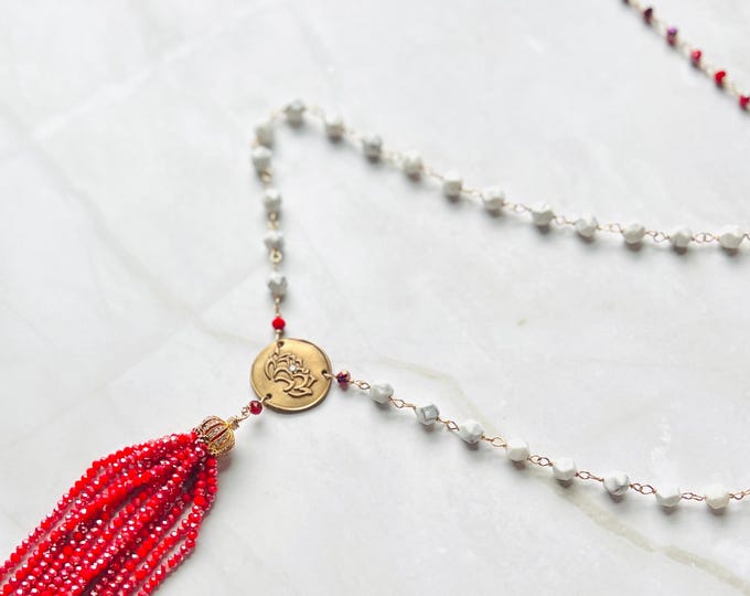 Habanera / Lotus Necklace / Bronze / Long / Crystal Tassel / Howlite / Gold Jewelry / Red / Black / White / CZ / Gift for Her / Wire Wrapped