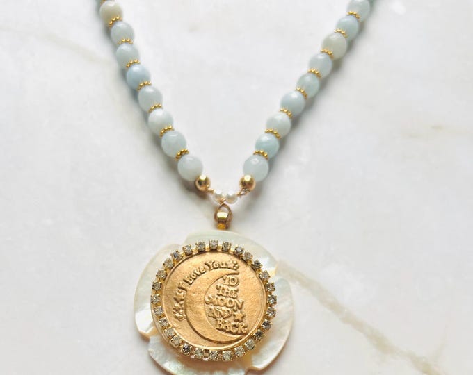 Aquamarine necklace that's the perfect moon necklace or button necklace gift. Long pearl necklace w/ aquamarine beads & bronze medallion
