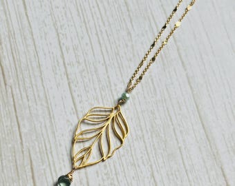 Green Amethyst Leaf Necklace: Vermeil Charm, Crystal Beads, Gold Filled