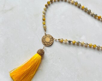 Handmade Sunflower Jade Necklace: Bronze Medallion, Yellow Tassel