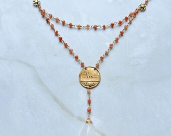 Carnelian Daisy Necklace: Milky Quartz, Bronze Roma Colosseum Pendant