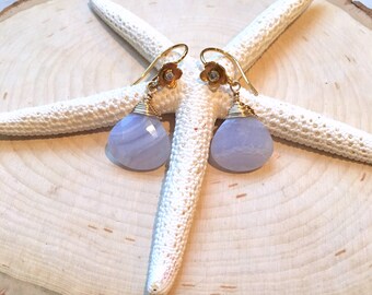 Blue Lace Agate Flower Earrings: Vermeil Gold Dangle Gemstone Earrings