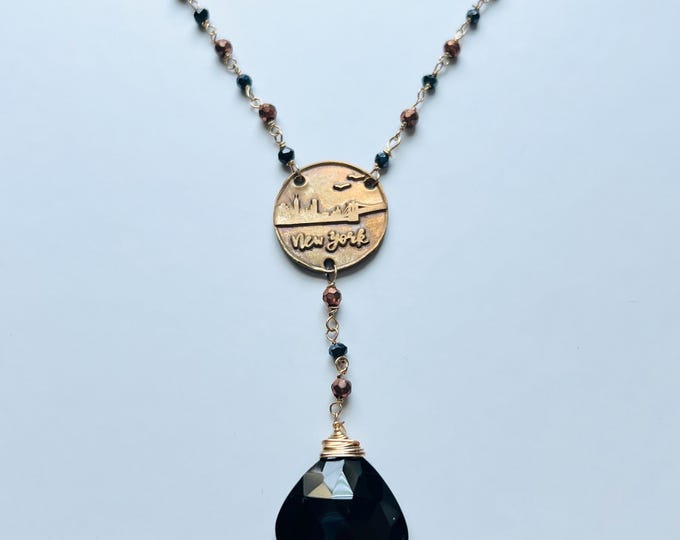 Nyc skyline pyrite necklace. State necklace with Black Spinel & Pyrite beads. New York state necklace that's the perfect travel jewelry gift
