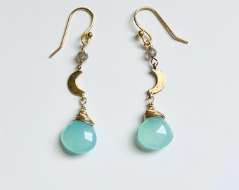 Blue Chalcedony Moon Earrings: Labradorite Dangle Earrings